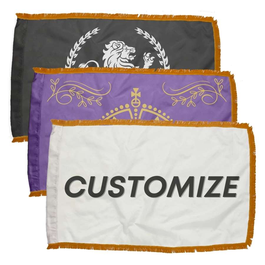 3 custom indoor flags that have gold fringe. One is black, one is purple, and the other is white. The white one says "customize."
