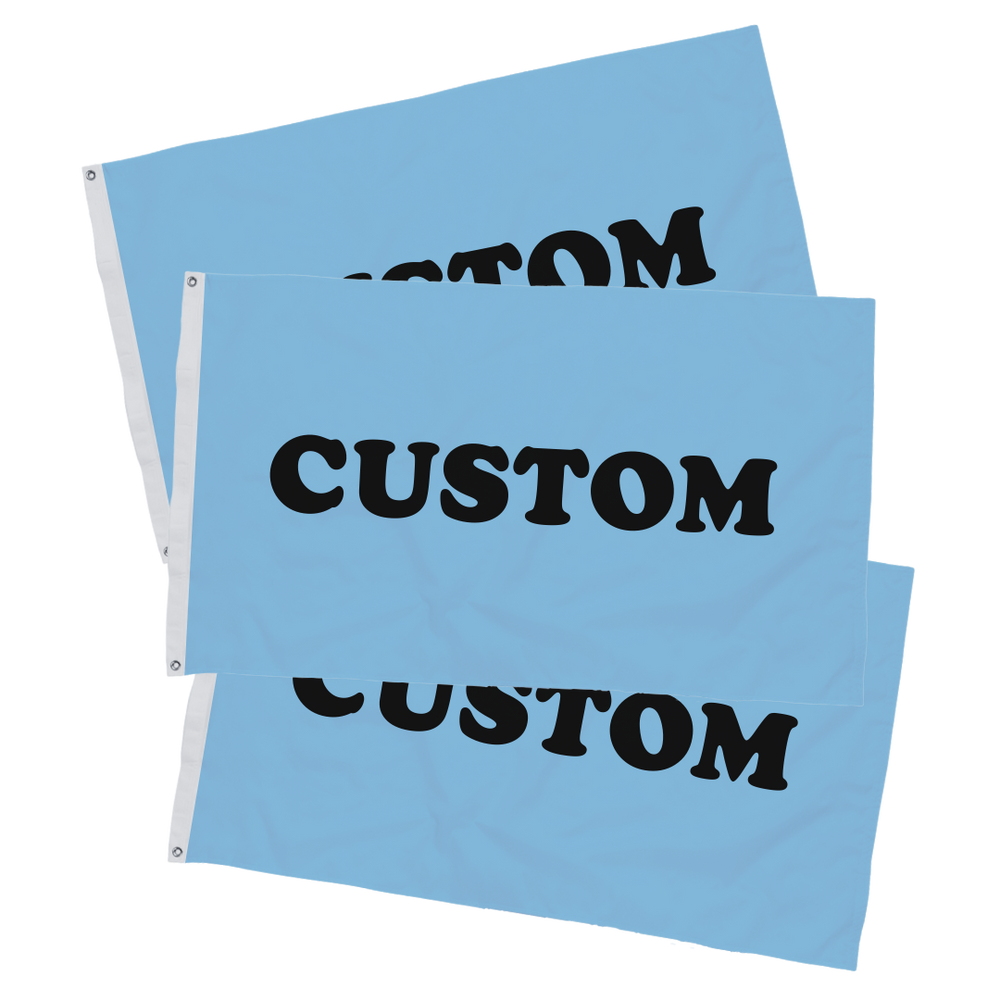 Three blue custom flags