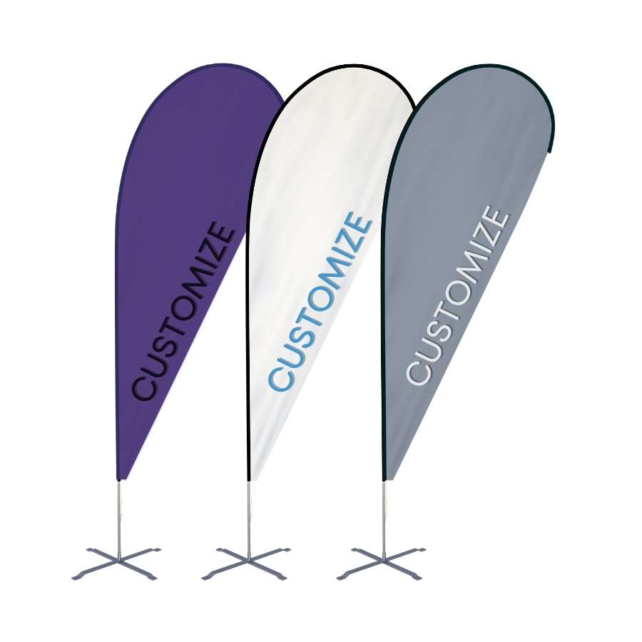 Three customizable blade flags on blade flag poles. One is purple, one is white, and one is grey.