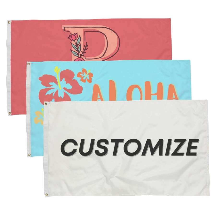 3 customized outdoor flags. One is peach, one is light blue, and the other is white. The white flag says "Customize."