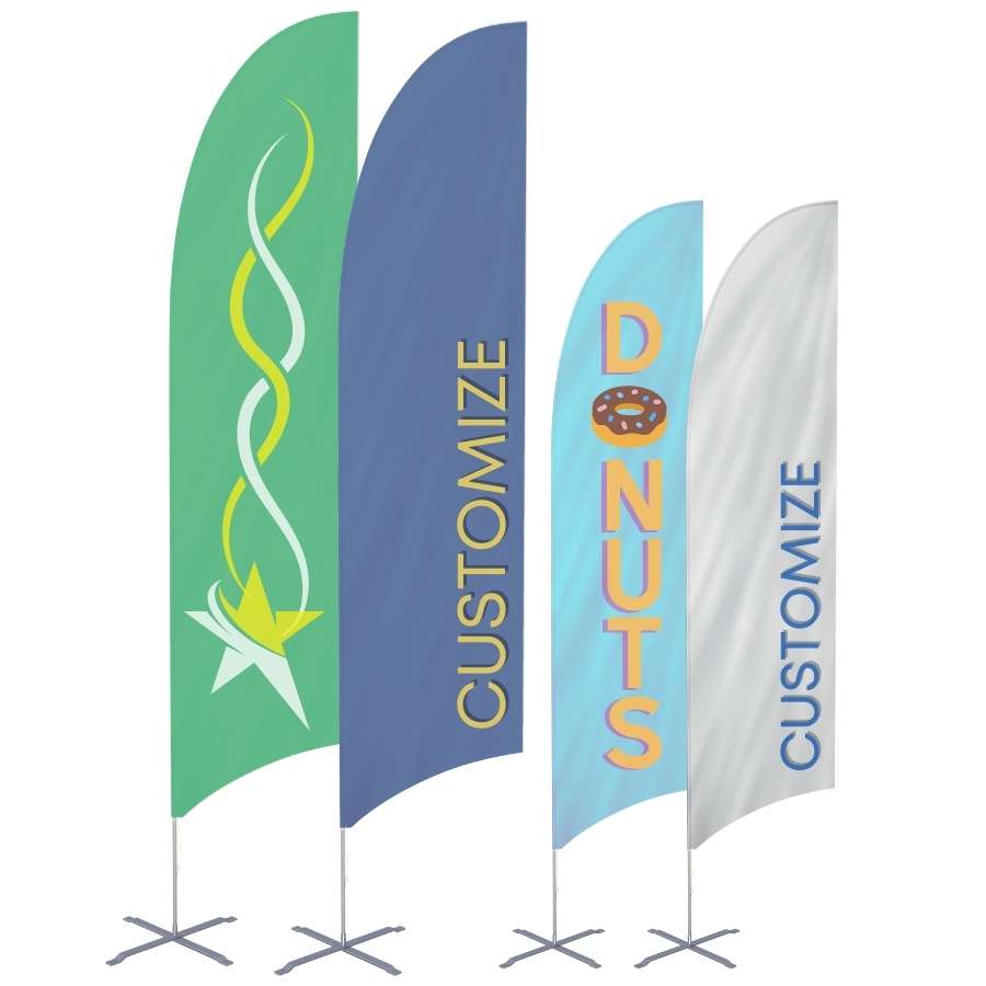 4 customizable wave flags. One is green with star artwork, one is blue and says "customize," one is light blue and says "donuts," and one is white and says "customize."