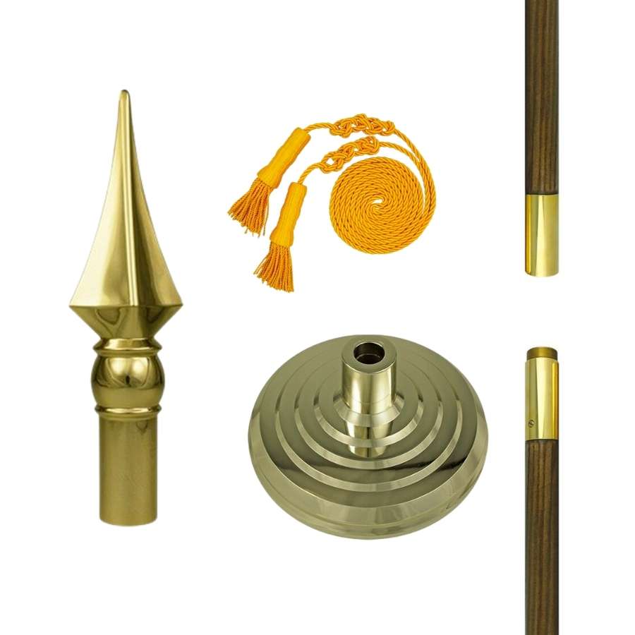 The parts of an indoor flagpole display set, including the oak pole, gold spear ornament and base, and the gold tassel.