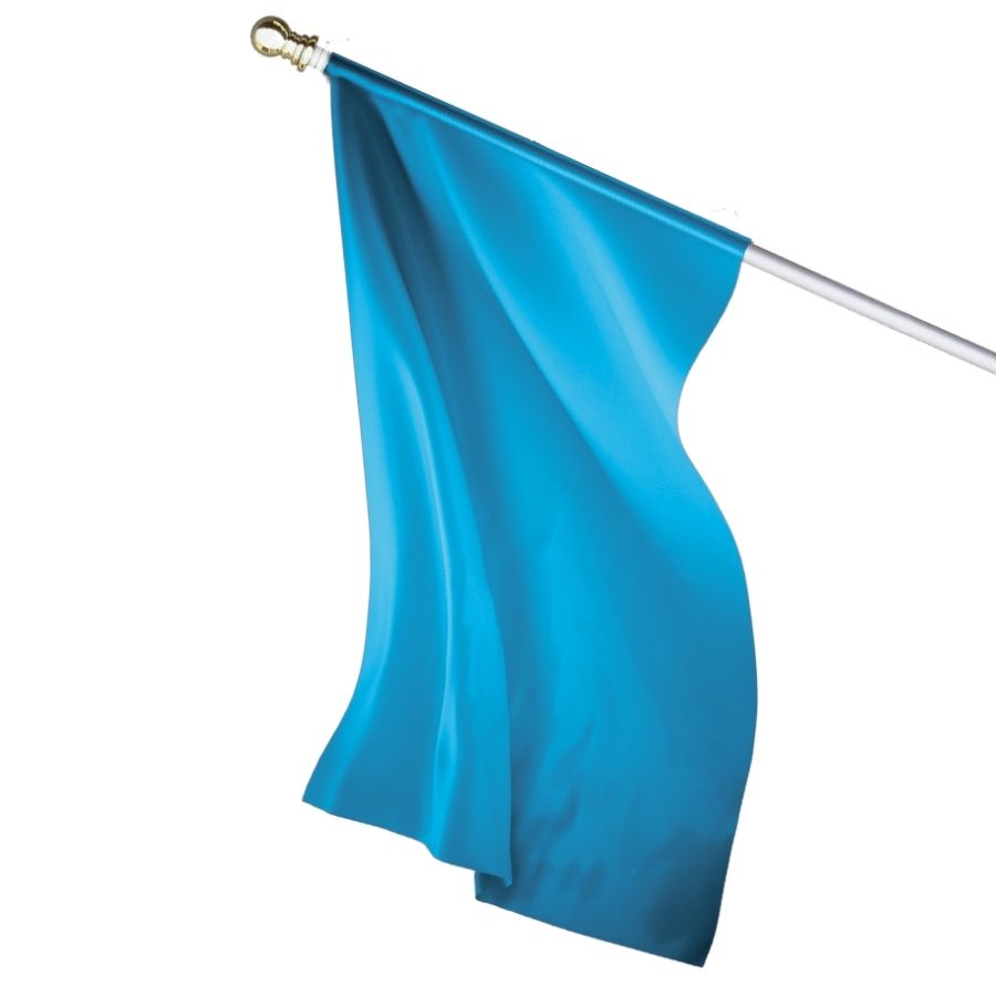 A blue flag on a no-tangle wall-mounted flagpole. 